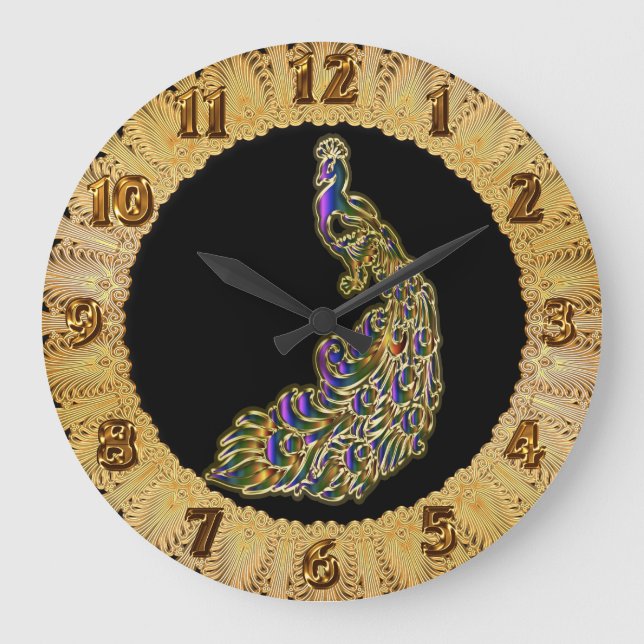 Gold and purple peacock glimmering brightly large clock (Front)