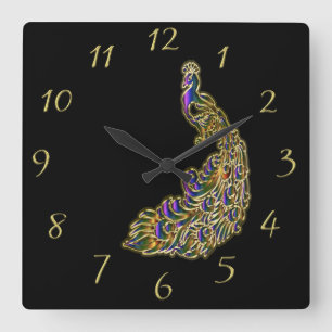 Gold and purple peacock glimmering brightly square wall clock