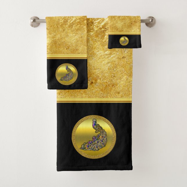 Gold and purple peacock gold foil with black bath towel set (Insitu)