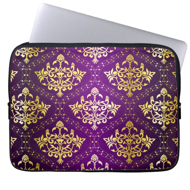 Gold and purple vintage flower pattern laptop sleeve (Front)