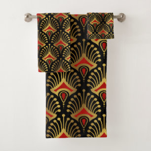 Gold and red Art Deco pattern on black Bath Towel Set