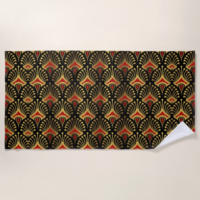 Gold and red Art Deco pattern on black Beach Towel (Front)
