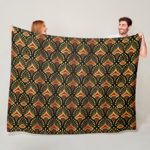 Gold and red Art Deco pattern on black Fleece Blanket