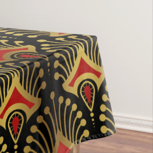 Gold and red Art Deco pattern on black Short Tablecloth
