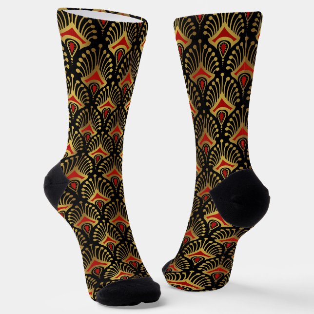 Gold and red Art Deco pattern on black Socks (Angled)