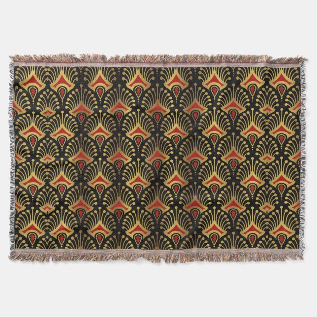 Gold and red Art Deco pattern on black Throw Blanket (Front)