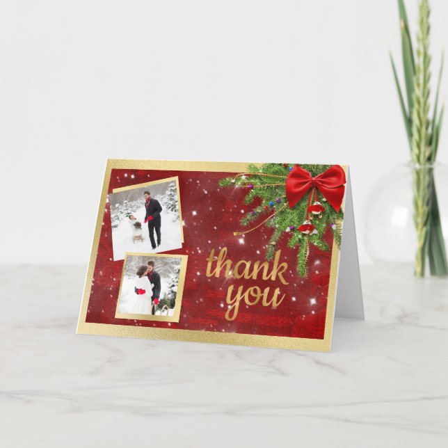 Gold and Red Christmas Wedding Photo Thank You (Front)