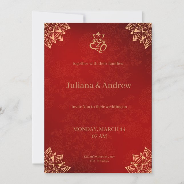 Gold and Red Classic Traditional Floral Patterned  Invitation (Front)