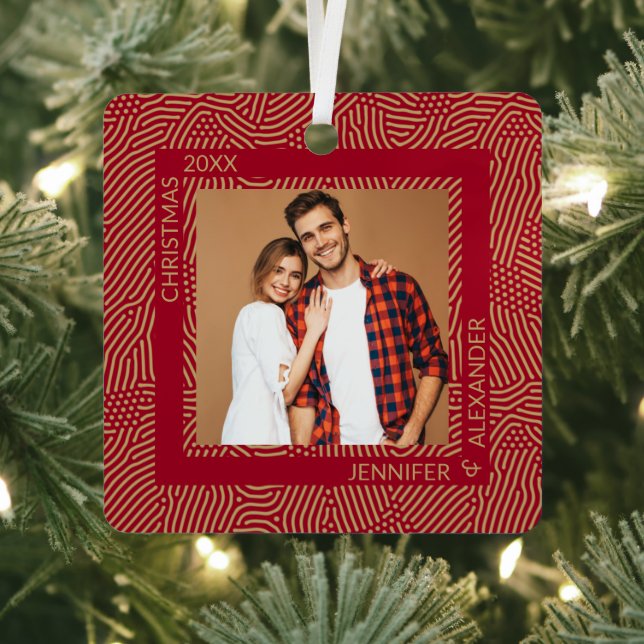 Gold and Red Couples Photo Metal Ornament (Insitu)