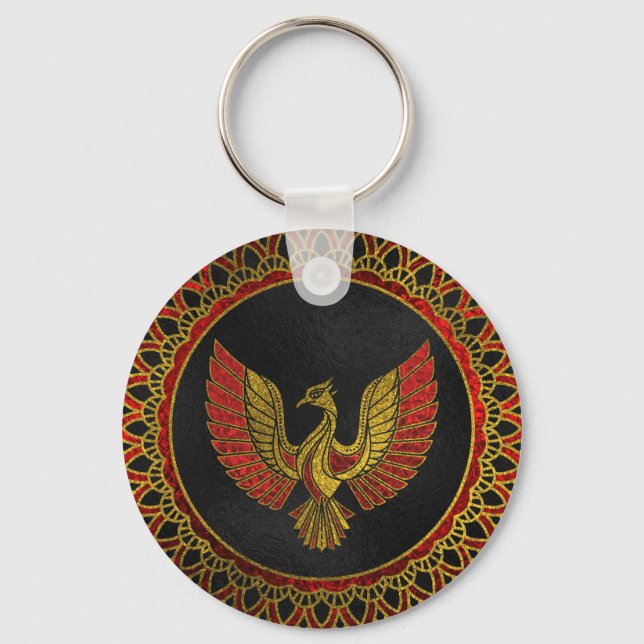 Gold and red Decorated Phoenix bird symbol Keychain (Front)