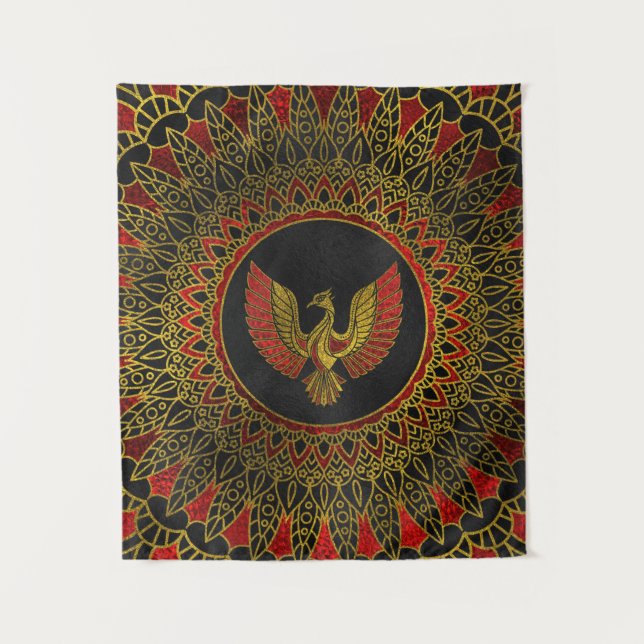 Gold and red Decorated Phoenix bird symbol Tapestry (Front)