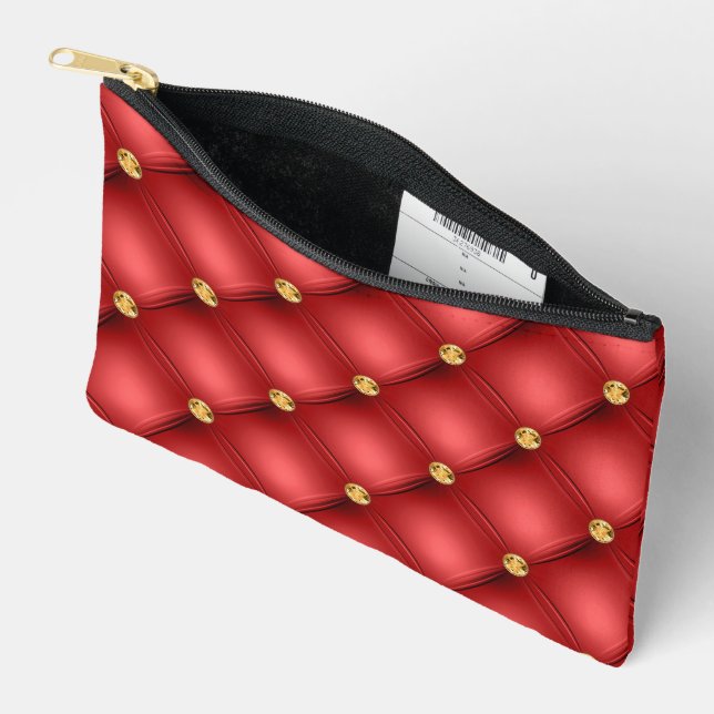 Gold and Red Diamond Tufted Accessory Pouch (Open)
