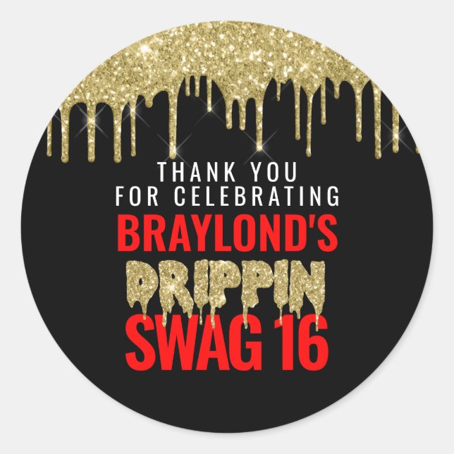 Gold and Red Drippin Swag 16 Birthday  Classic Round Sticker (Front)