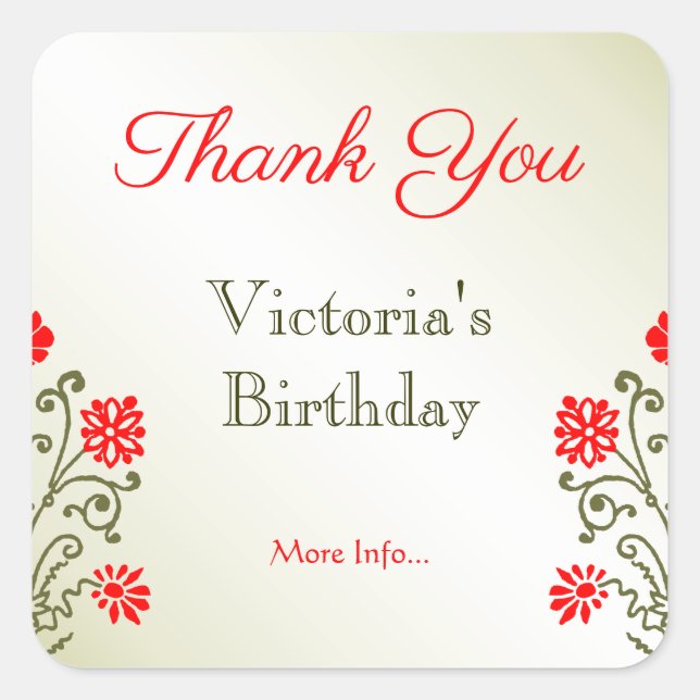 Gold and Red Floral Thank You Elegant Etching Square Sticker (Front)