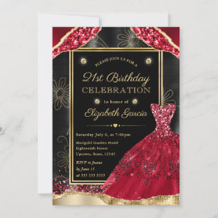 Gold and Red Glitter Dress 21st Birthday Invitati Invitation
