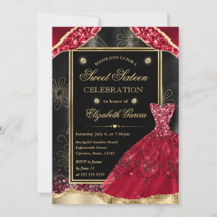 Gold and Red Glitter Dress Sweet Sixteen Invitation