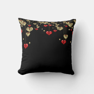 Gold and red hearts on black background throw pillow