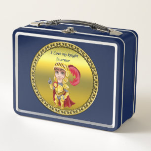 Gold and red knight in his armour and helmet metal lunch box