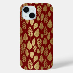 Gold and Red Leaf Pattern iPhone 15 Case