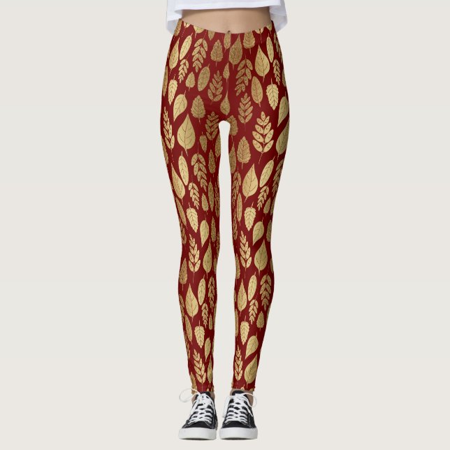 Gold and Red Leaf Pattern Leggings (Front)