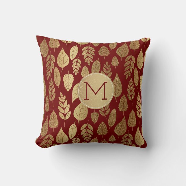 Gold and Red Leaf Pattern & Monogram Throw Pillow (Front)