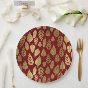 Gold and Red Leaf Pattern Paper Plate