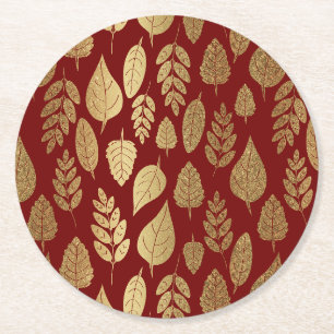 Gold and Red Leaf Pattern Round Paper Coaster