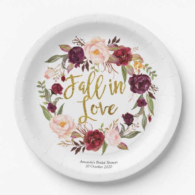 Gold and Red Marsala Floral Fall in Love Paper Plate (Front)