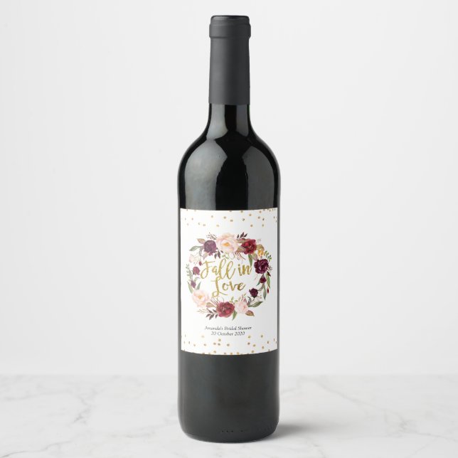 Gold and Red Marsala Floral Fall in Love Wine Label (Front)