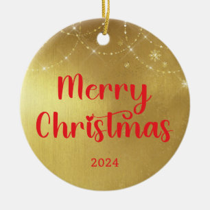 Gold and Red Merry Christmas Ceramic Ornament