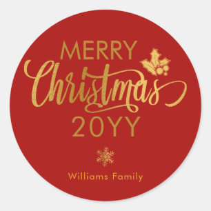 Gold and Red Merry Christmas Custom Holiday Classi Classic Round Sticker