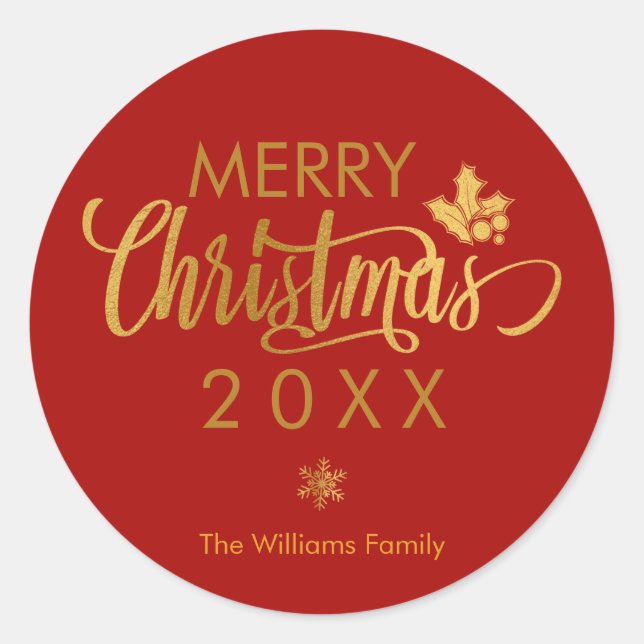 Gold and Red Merry Christmas Custom Holiday Classic Round Sticker (Front)