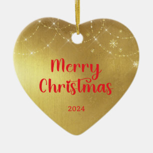 Gold and Red Merry Christmas Family Photo Ceramic Ornament