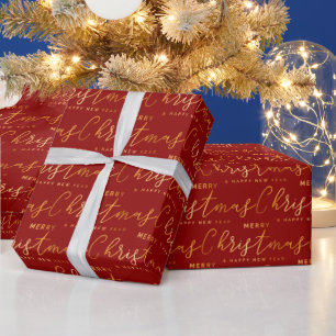 Gold and Red Merry Christmas Word Art Wrapping Paper