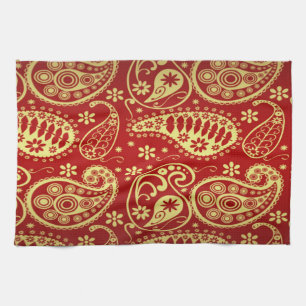 Gold And Red Paisley Pattern Kitchen Towel