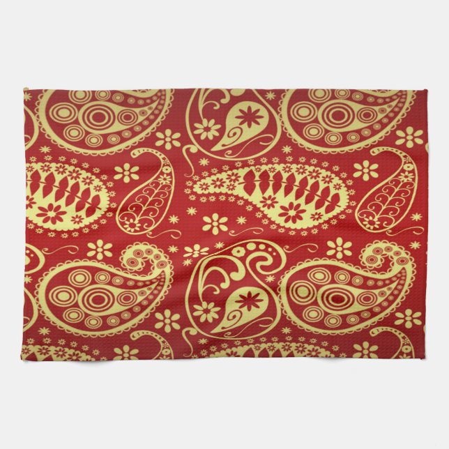 Gold And Red Paisley Pattern Kitchen Towel (Horizontal)