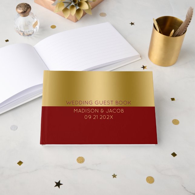 Gold and Red Personalized Wedding Guest Book (Front Open)