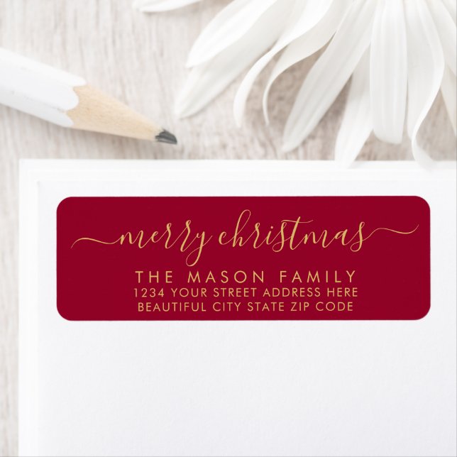 Gold and Red Script Christmas Return Address Label (Insitu)