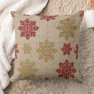 Gold and Red Snowflake Knit Pattern on Cream Throw Pillow