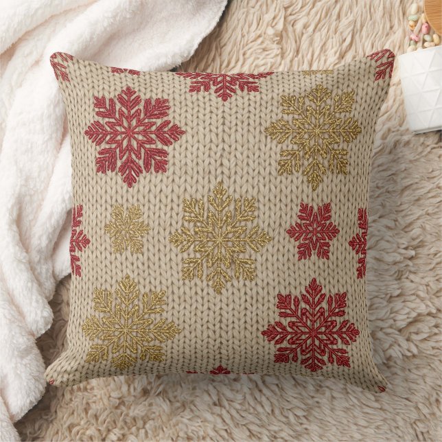 Gold and Red Snowflake Knit Pattern on Cream Throw Pillow (Blanket)