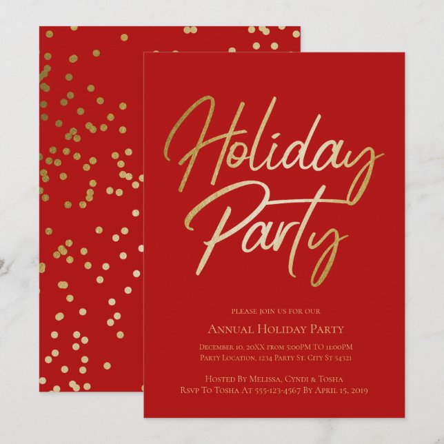 Gold and Red Sparkling Holiday Party Invitations (Front/Back)