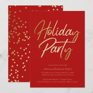 Gold and Red Sparkling Holiday Party Invitations