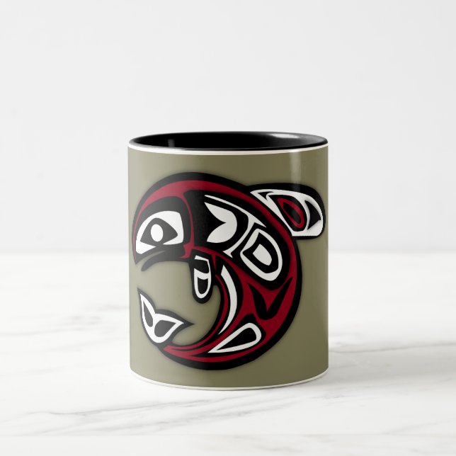 Gold and Red Tribal Dolphin Pattern Two-Tone Coffee Mug (Center)