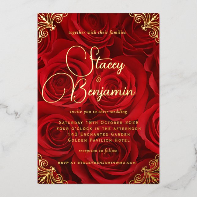 Gold and Red Wedding Invitation in Gold Foil Foil  (Front)