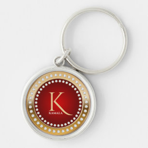 Gold and Red White Diamonds Monogram Keychain