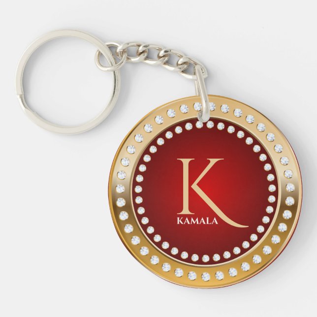 Gold and Red White Diamonds Monogram Keychain (Front)