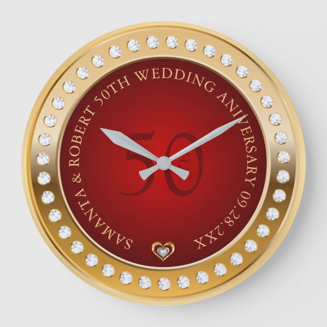 Gold and Red White Diamonds Monogram Large Clock (Front)
