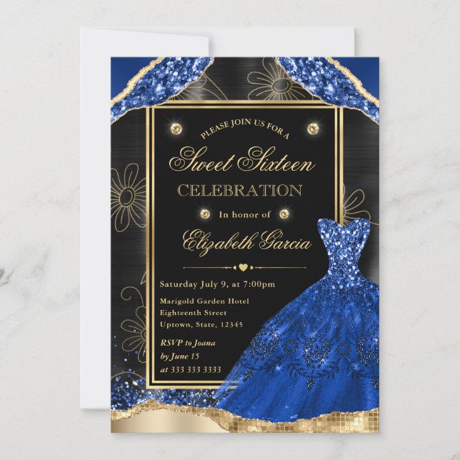 Gold and Royal Blue Glitter Dress Sweet Sixteen Invitation (Front)