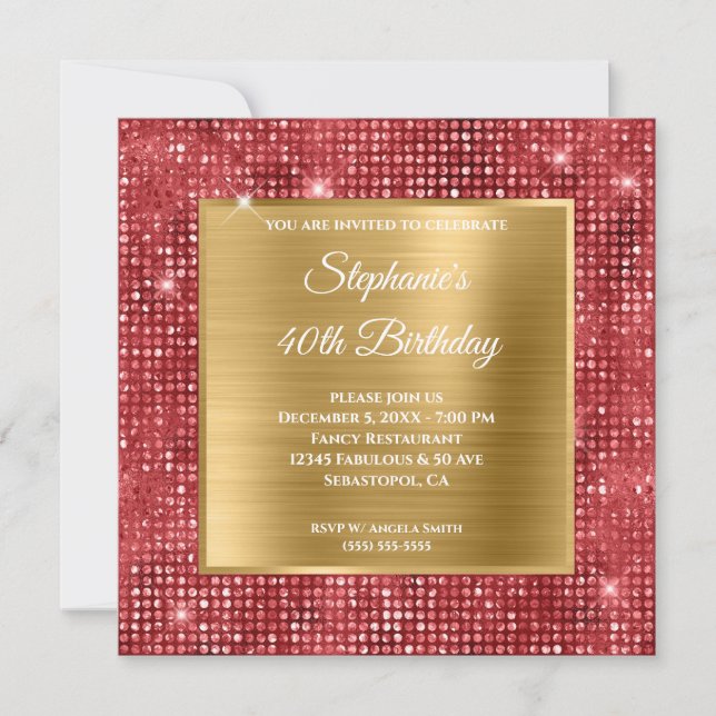 Gold and Ruby Diamond Stuffed Foil 40th Birthday Invitation (Front)