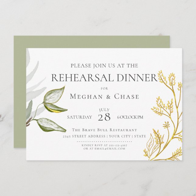 Gold and Sage Green Foliage  Invitation (Front/Back)